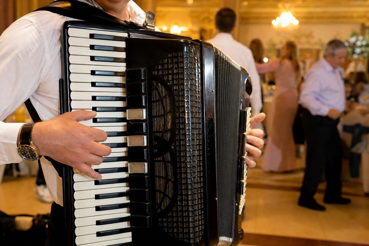 Harmonika na svadbi tokom veselog trenutka nakon kupovine mlade