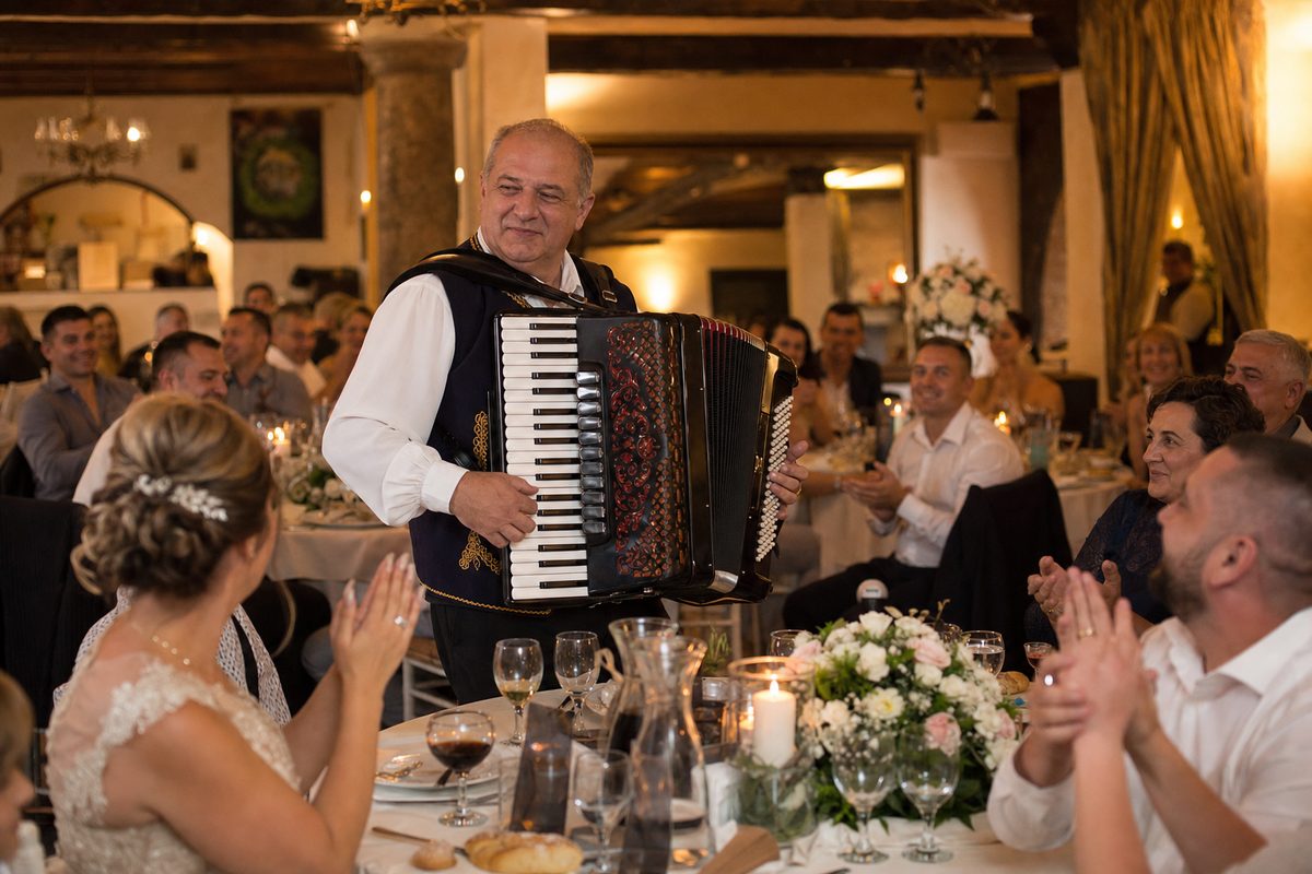 Harmonikaš i gosti na proslavi – ilustracija za članak Muzika za proslave